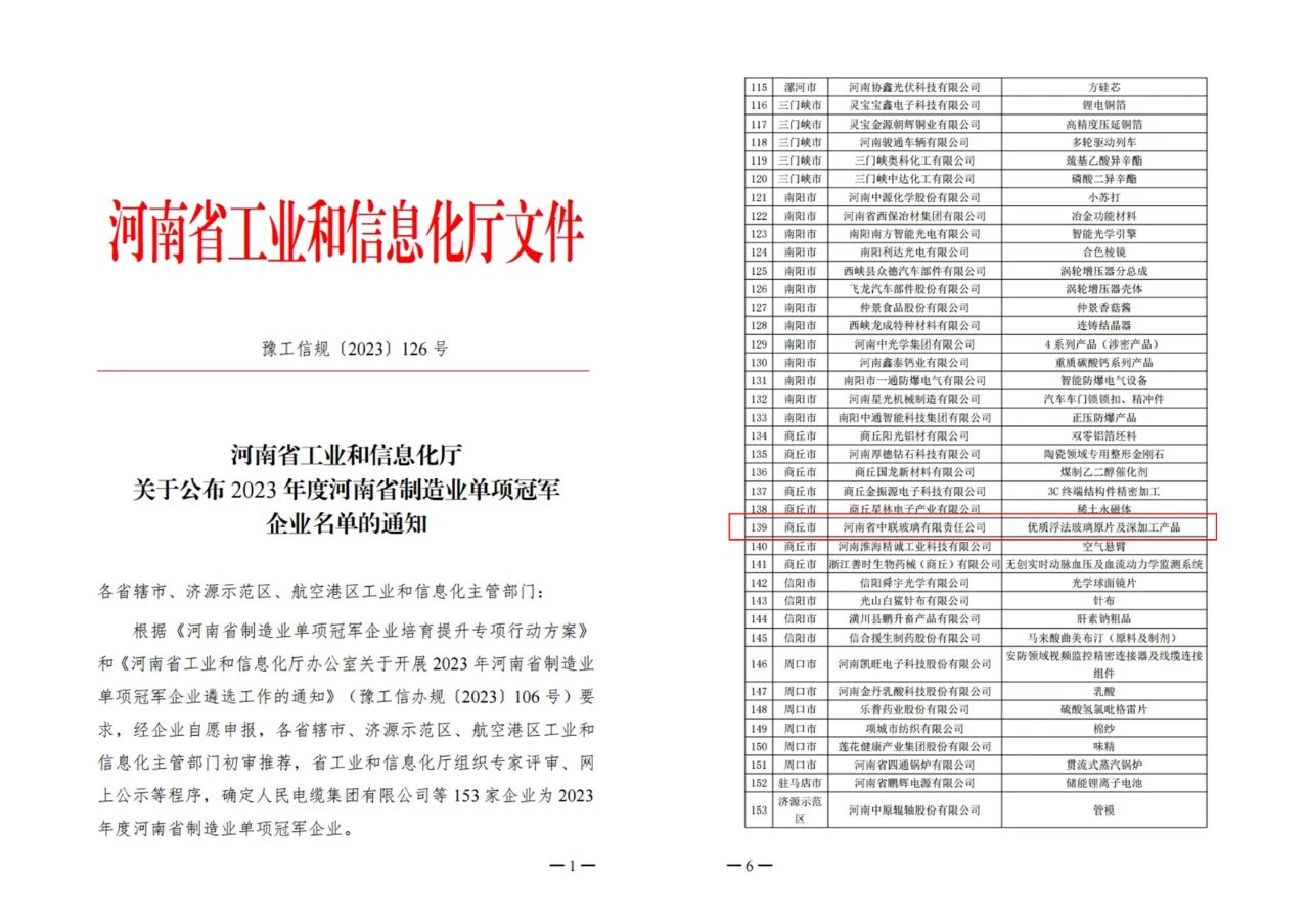 中聯玻璃榮獲河南省制造業單項冠軍企業
